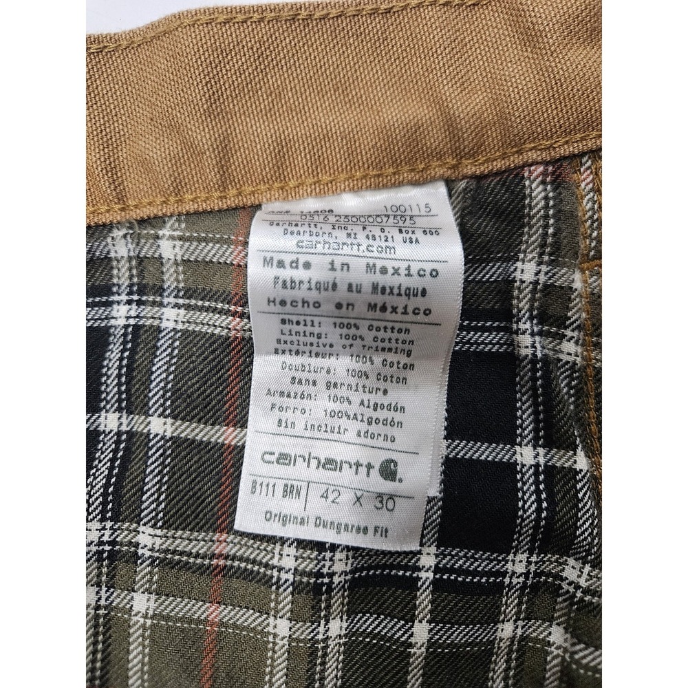 Carhartt Plaid Lined Brown Original Dungaree Fit Canvas Work Pants Mens 42x30 - Picture 5 of 11